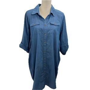 NY Collection Chambray Shirt Dress Women’s XL Roll-Tab Sleeve Cotton Stretch